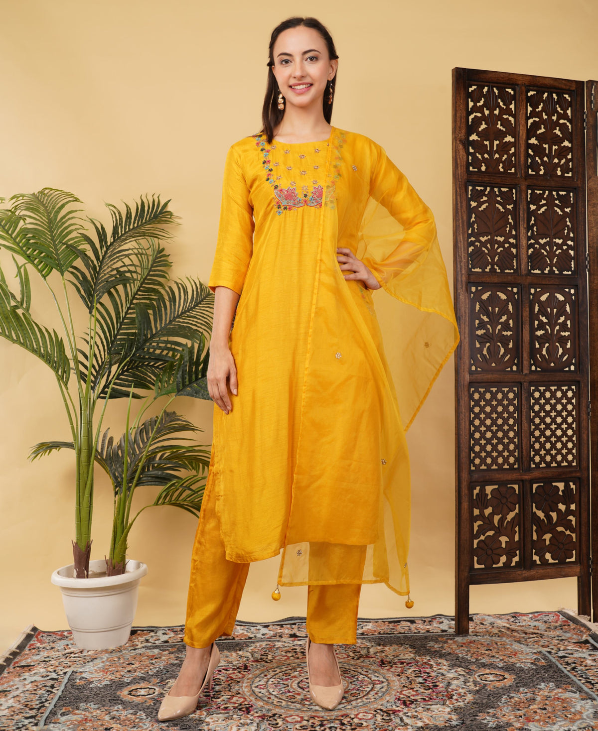 Yellow Designer Ethnic Embroidered Kurta Set with Pant & Dupatta