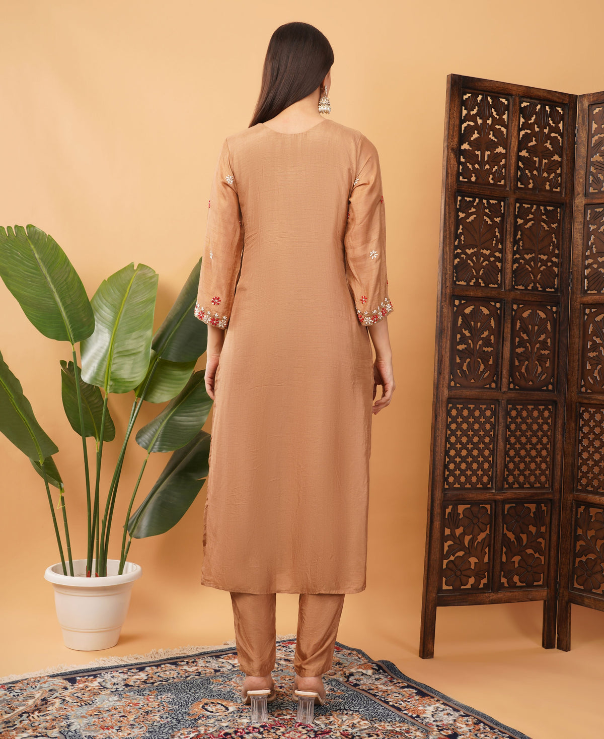 Brown Embroidered Ethnic Kurta Set with Pant & Banarasi Dupatta