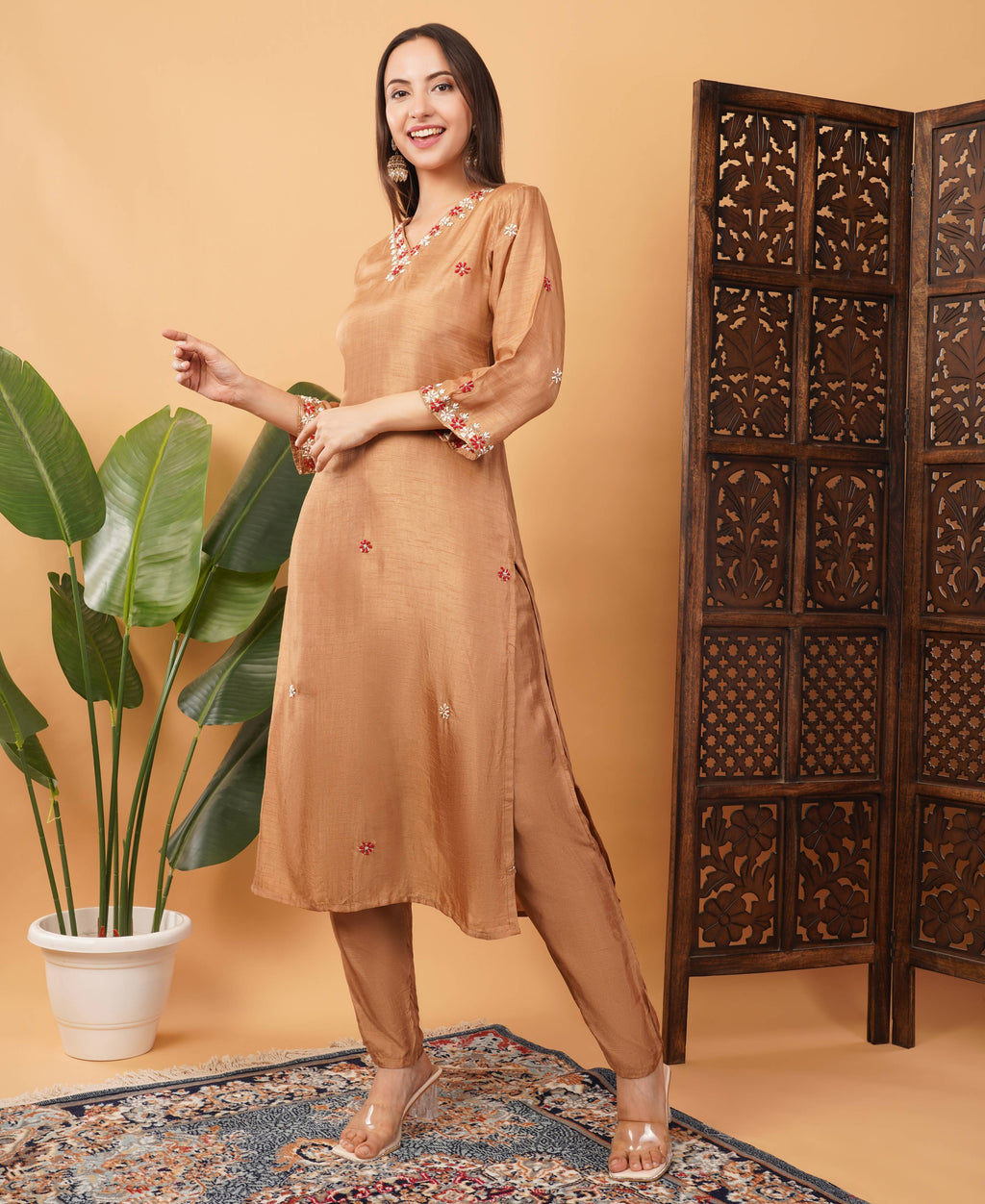 Brown Embroidered Ethnic Kurta Set with Pant & Banarasi Dupatta