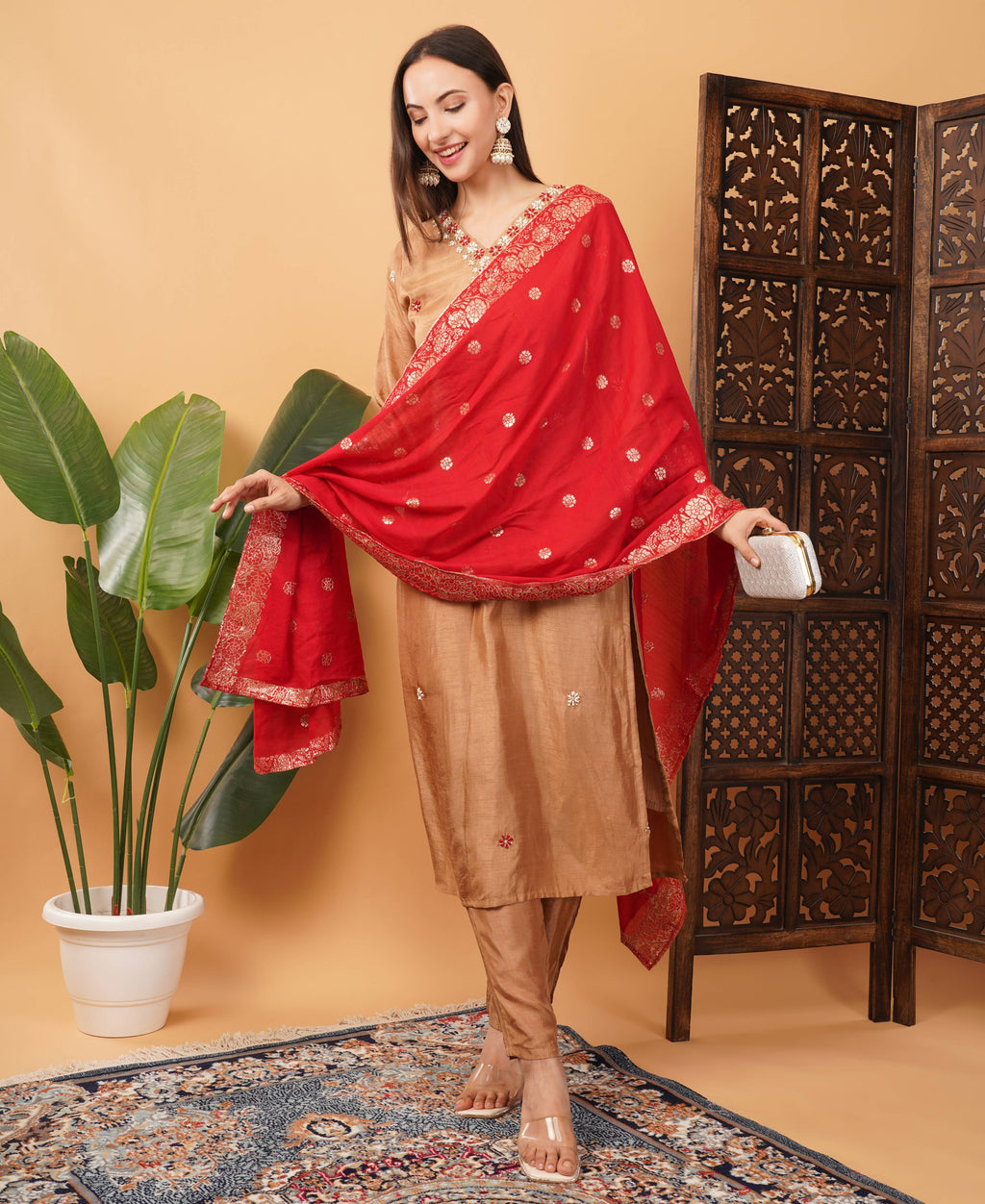 Brown Embroidered Ethnic Kurta Set with Pant & Banarasi Dupatta
