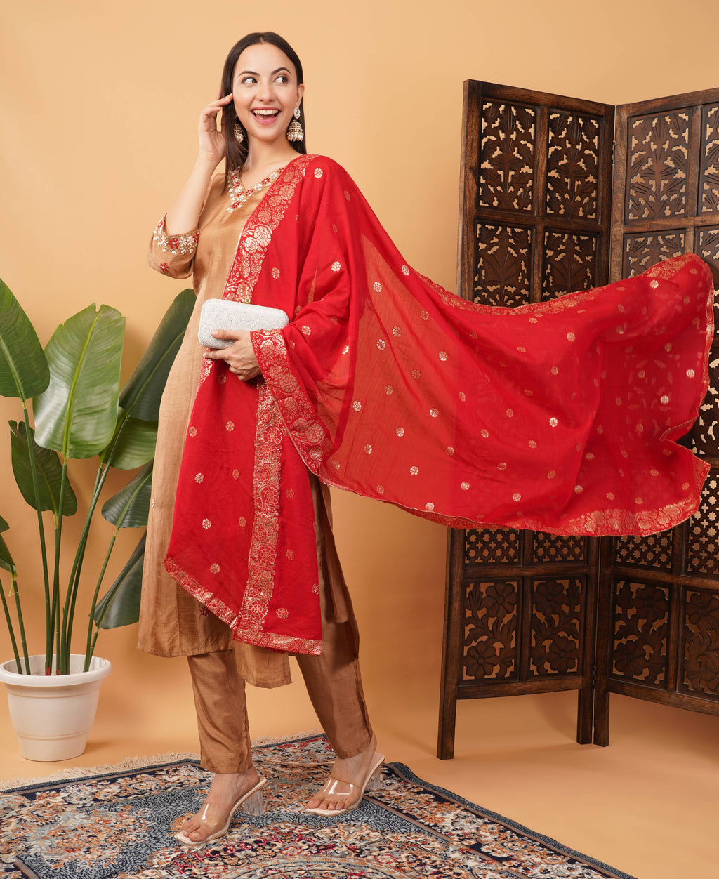 Brown Embroidered Ethnic Kurta Set with Pant & Banarasi Dupatta