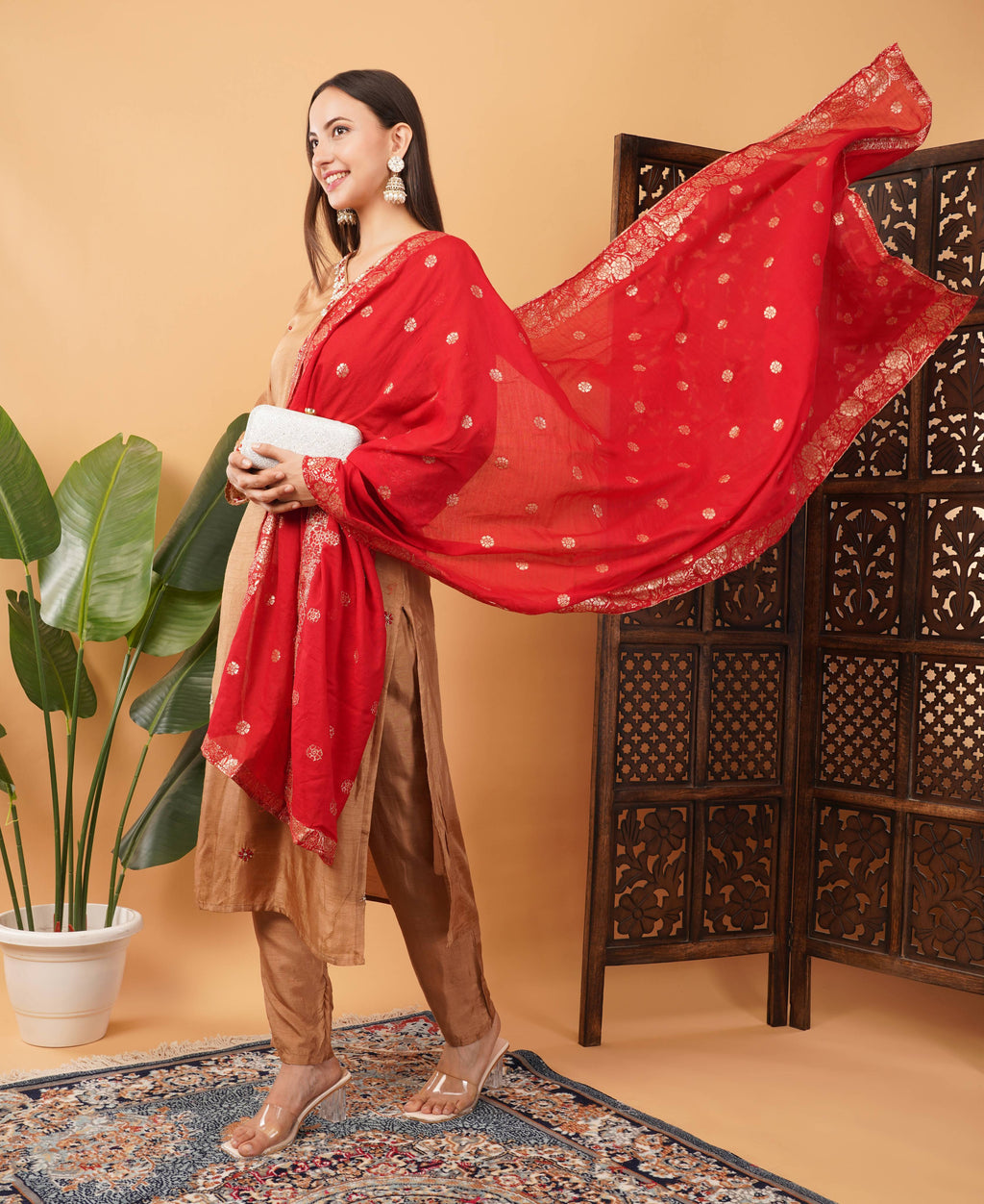 Brown Embroidered Ethnic Kurta Set with Pant & Banarasi Dupatta