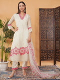 White Embroidered A-Line Ethnic Kurta Set with Dupatta & Pants