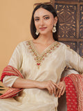 Off White Embroidered Kurta Set with Pants And Red Banarasi Dupatta | Traditional Festive Suit
