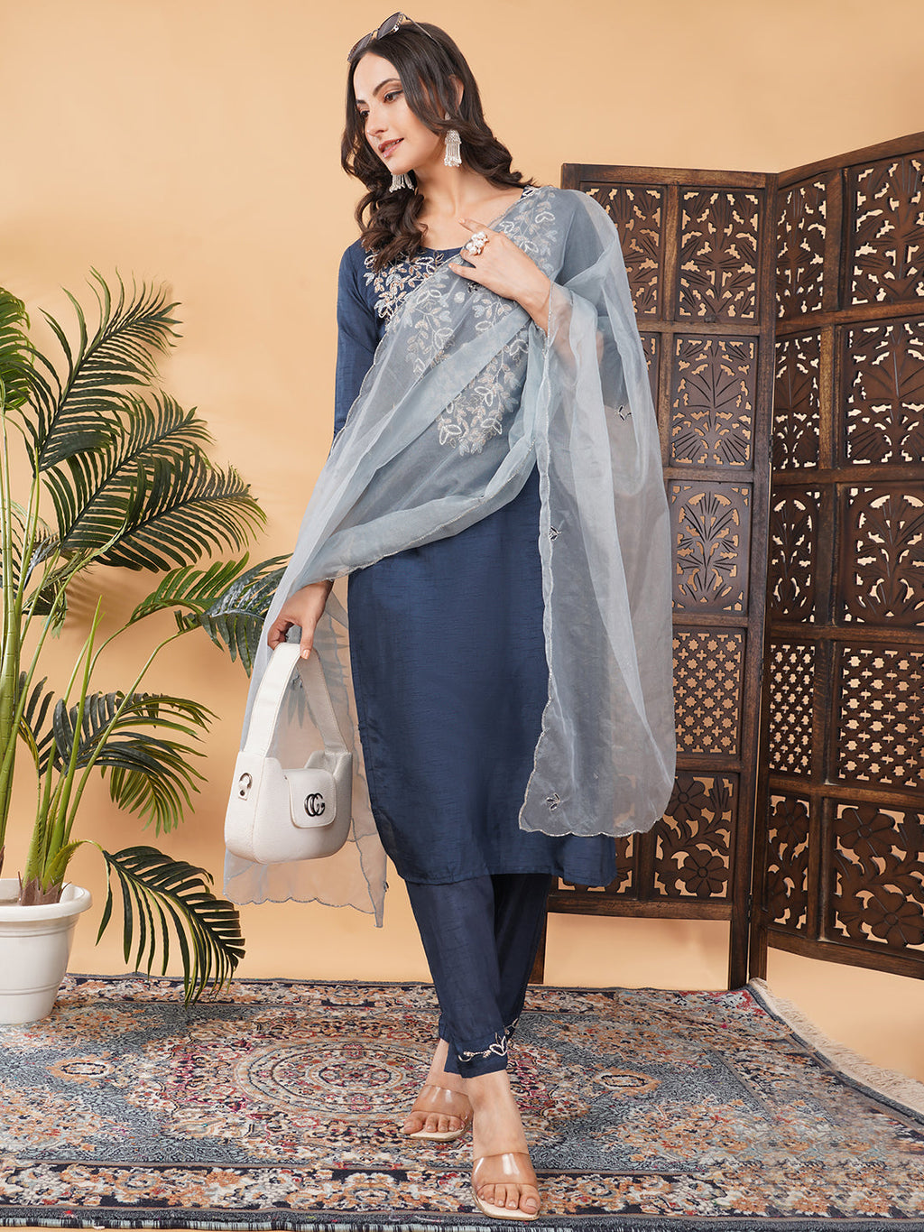 Blue Embroidered Ethnic Kurta Set With Dupatta And Pants | Traditional Festive Suit Set