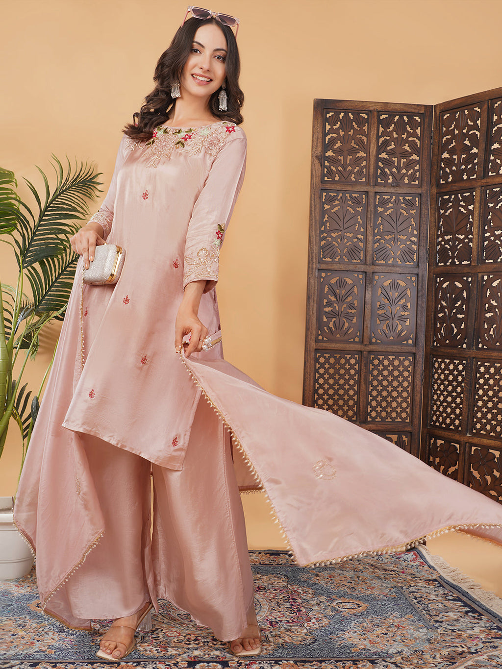 Pink Embroidered Kurta Set with Palazzo & Dupatta for Women | Traditional Ethnic Wear