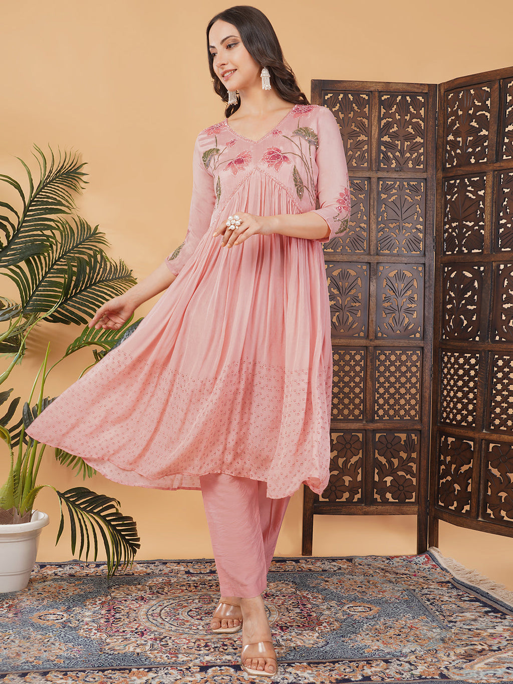 Pink Embroidered Anarkali Kurta Set with Dupatta & Pants | Floral Festive Ethnic Suit