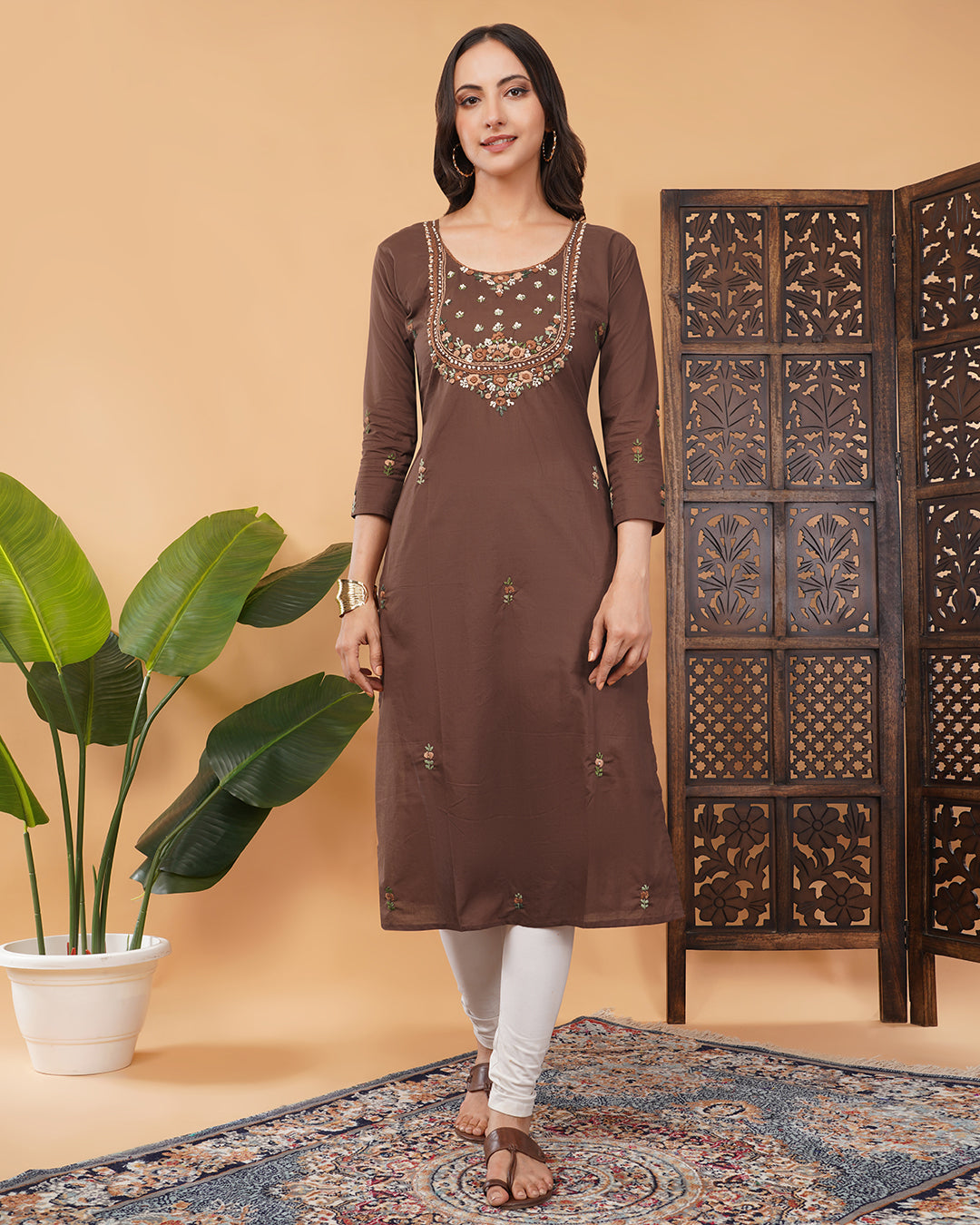 Women's Thread Embroidered Ethnic Straight Long Kurti | Casual Office Wear Daily Wear