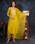 Yellow Designer Zardosi Embroidered Kurta Set with Pants & Dupatta