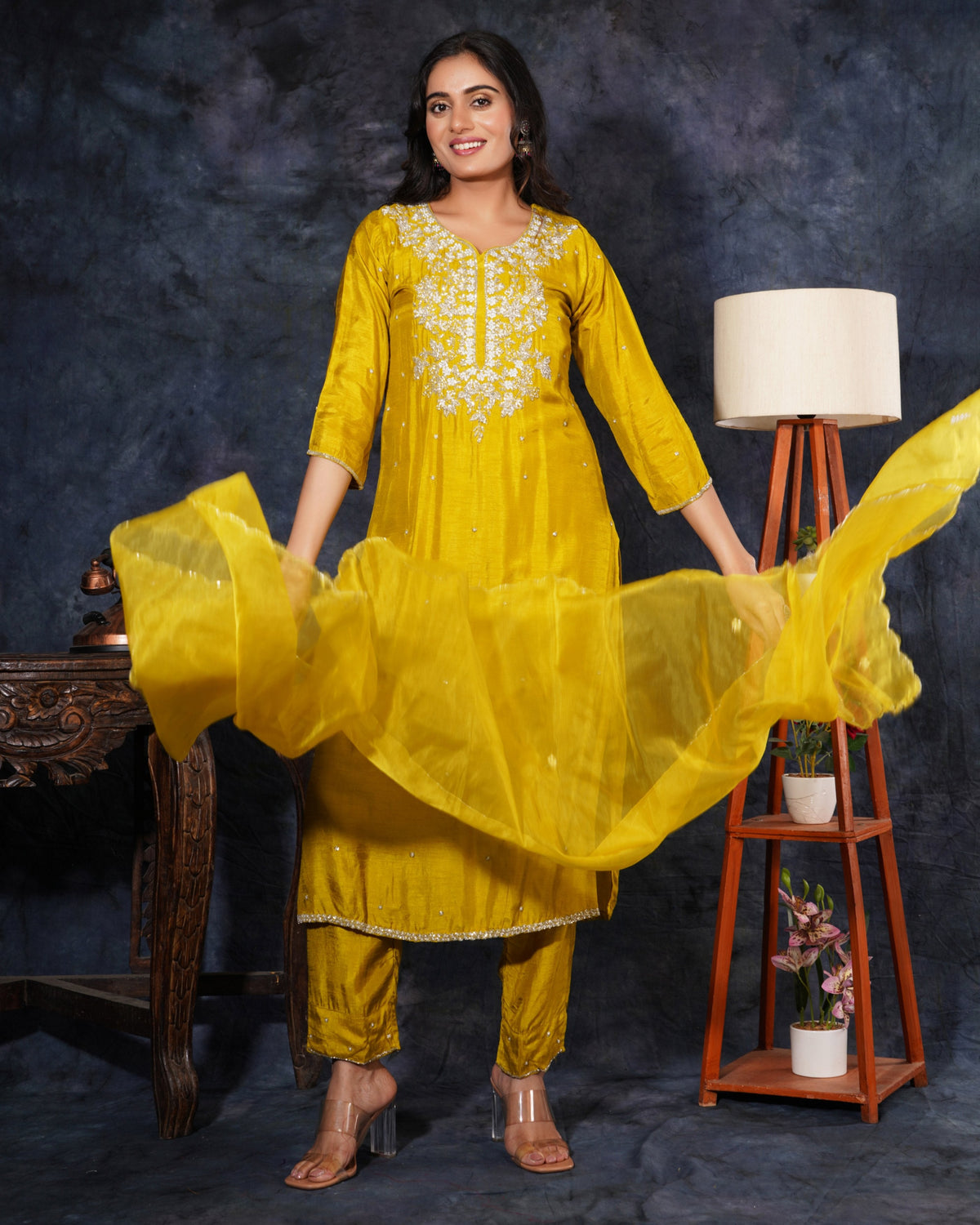 Yellow Designer Zardosi Embroidered Kurta Set with Pants & Dupatta