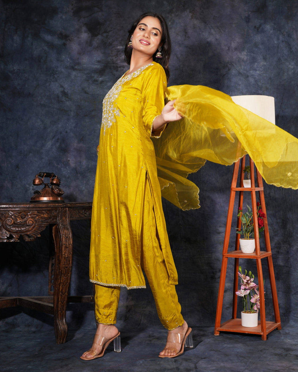 Yellow Designer Zardosi Embroidered Kurta Set with Pants & Dupatta