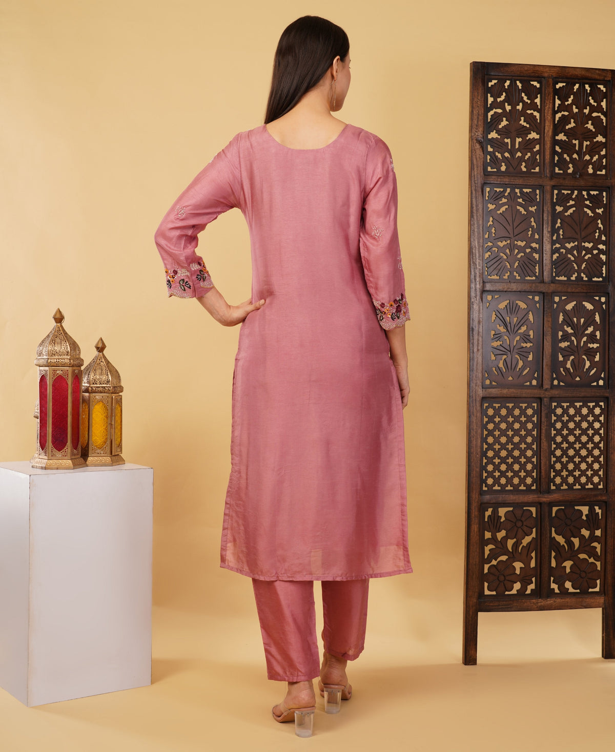 Pink Hand-Embroidered Ethnic Kurta Set with Pants & Dupatta