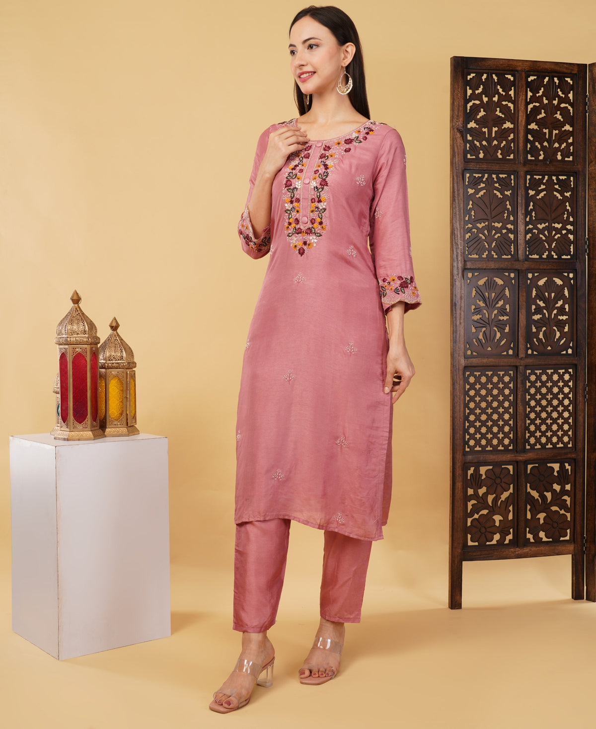 Pink Hand-Embroidered Ethnic Kurta Set with Pants & Dupatta
