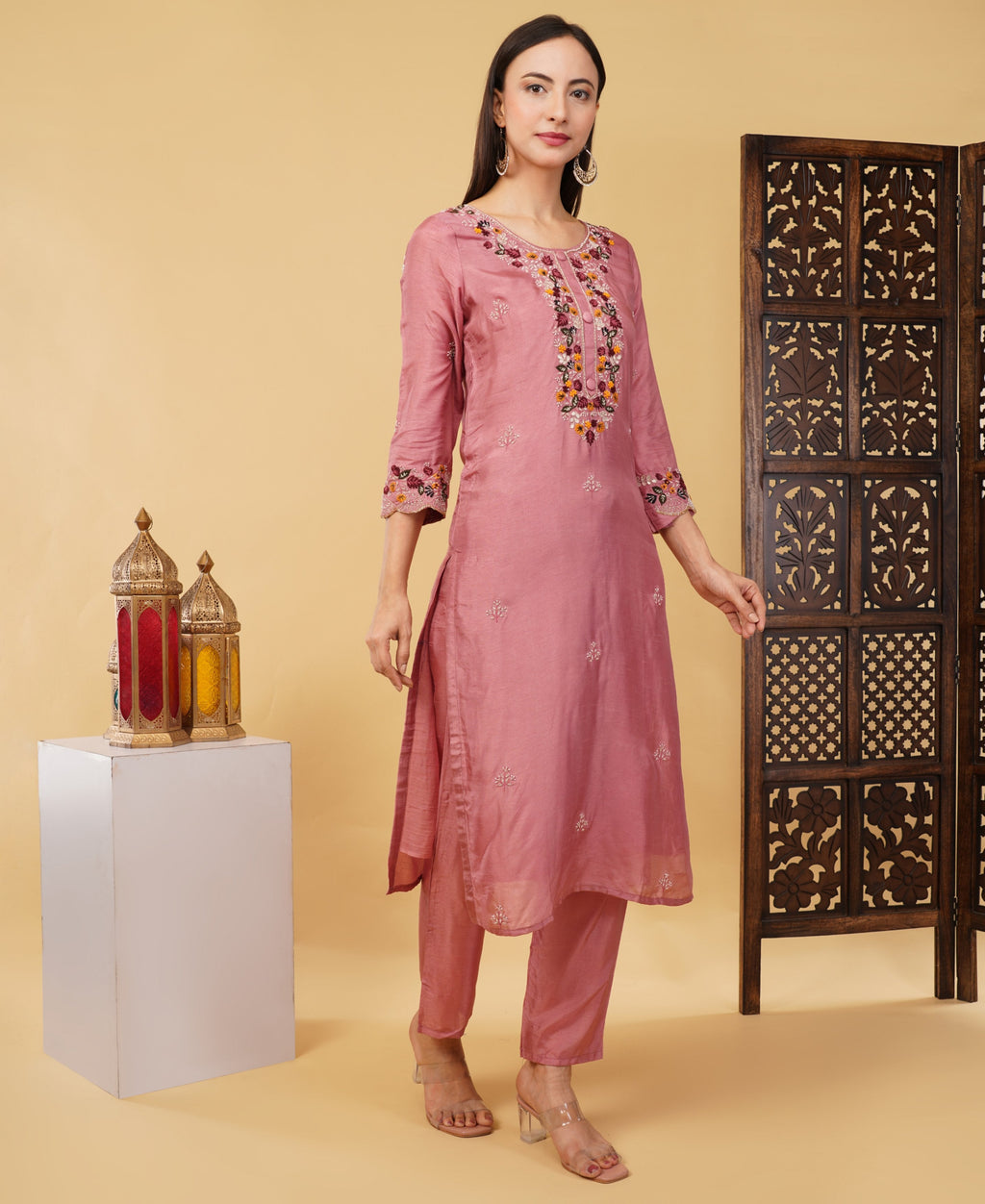 Pink Hand-Embroidered Ethnic Kurta Set with Pants & Dupatta