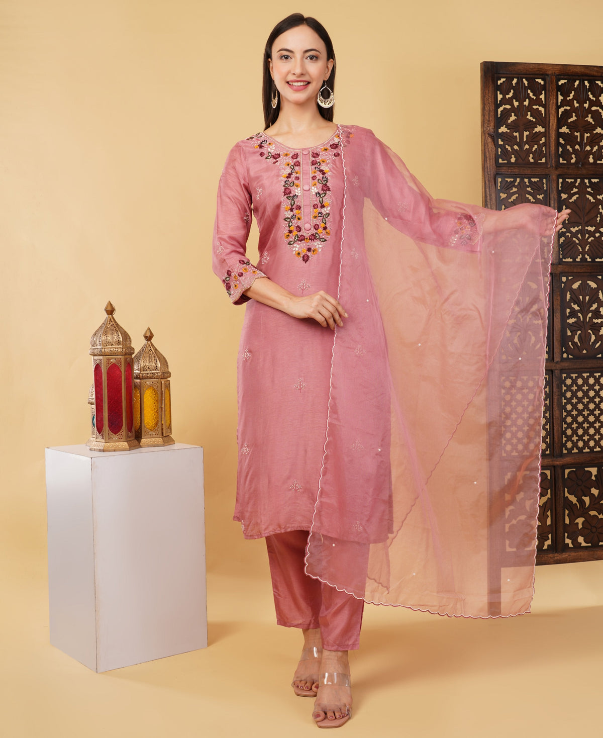 Pink Hand-Embroidered Ethnic Kurta Set with Pants & Dupatta