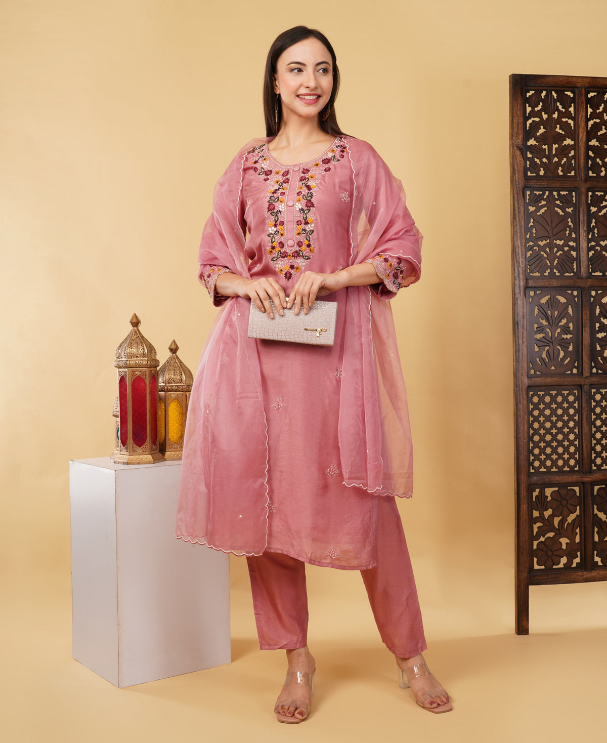 Pink Hand-Embroidered Ethnic Kurta Set with Pants & Dupatta