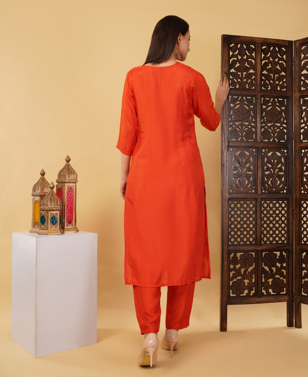 Orange Embroidered Ethnic Kurta Set with Pant & Dupatta
