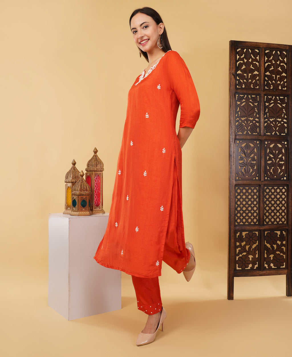 Orange Embroidered Ethnic Kurta Set with Pant & Dupatta