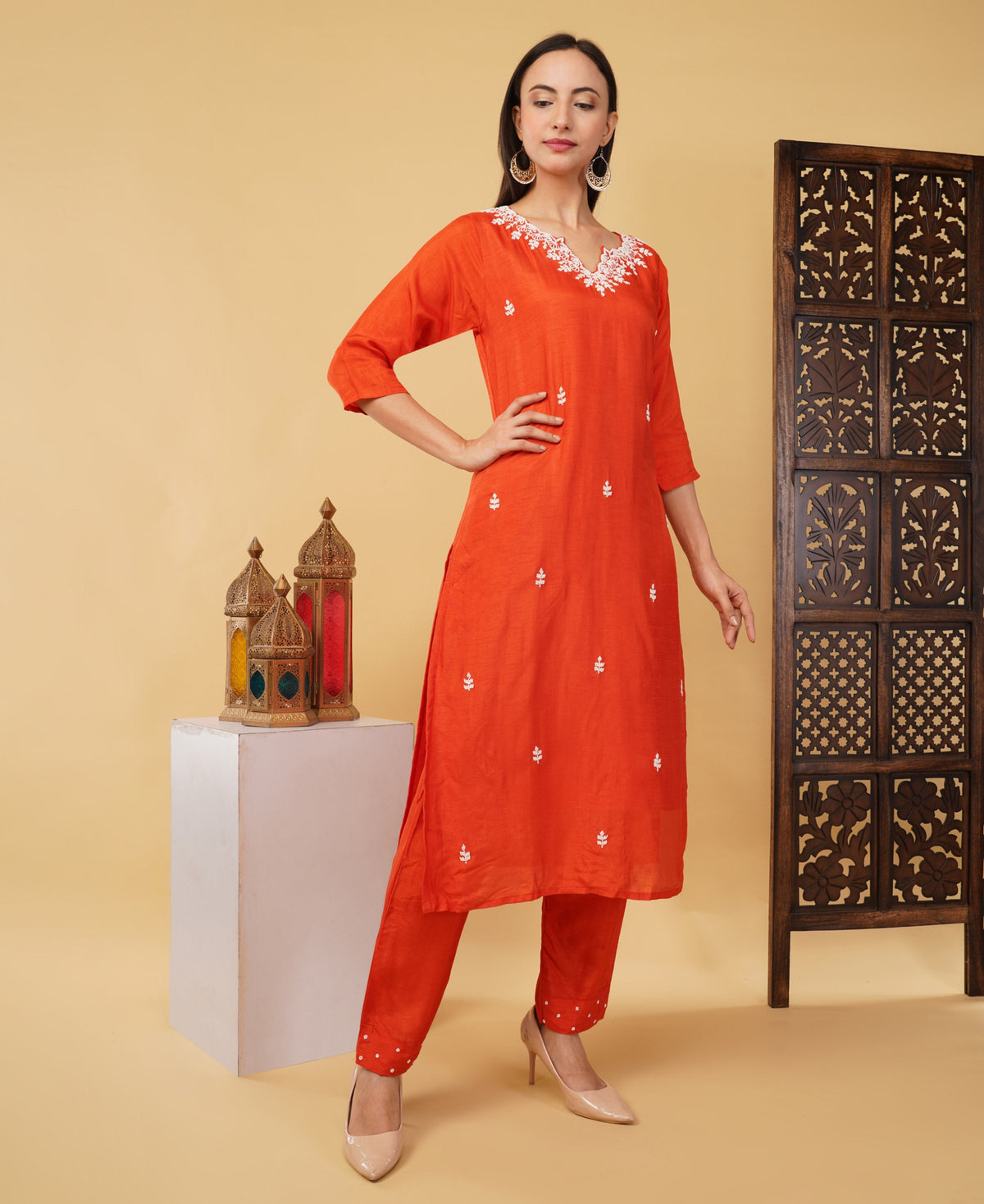 Orange Embroidered Ethnic Kurta Set with Pant & Dupatta