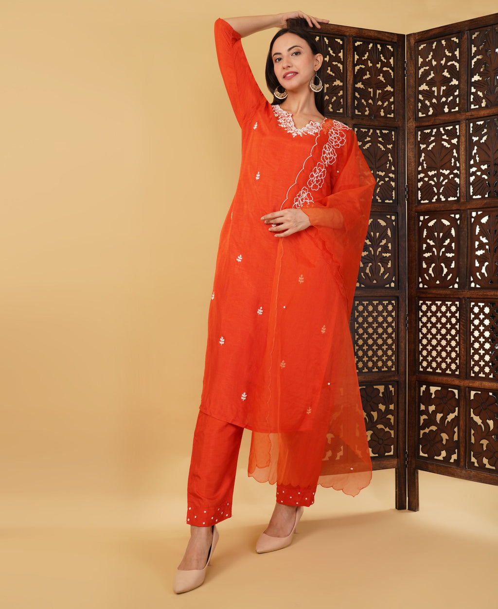 Orange Embroidered Ethnic Kurta Set with Pant & Dupatta