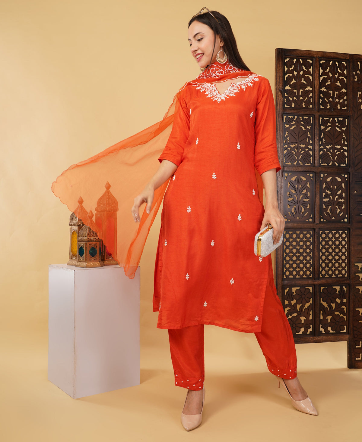 Orange Embroidered Ethnic Kurta Set with Pant & Dupatta