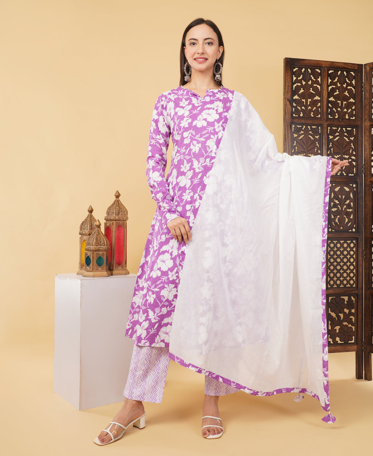 Prisachi Cotton A-line Kurti with pockets, comfy pant, and dupatta for Women