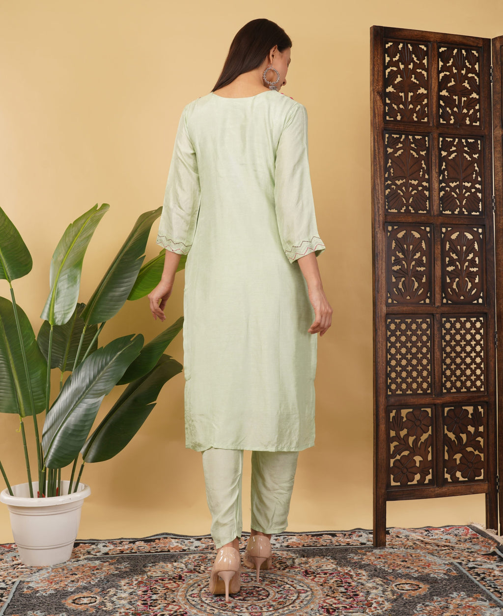 Pista Green Designer Embroidered Ethnic Kurta Set with Pant & Dupatta