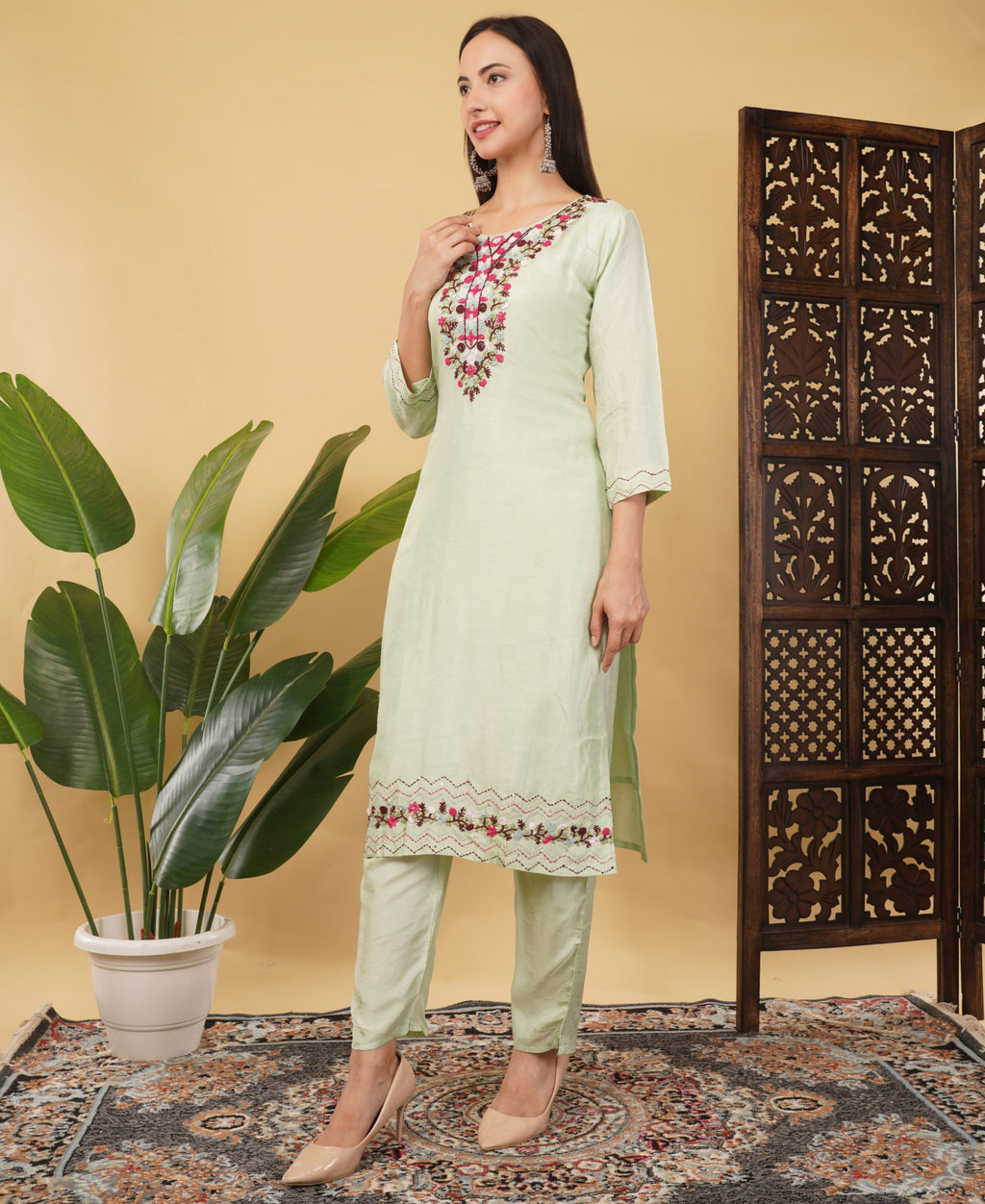 Pista Green Designer Embroidered Ethnic Kurta Set with Pant & Dupatta