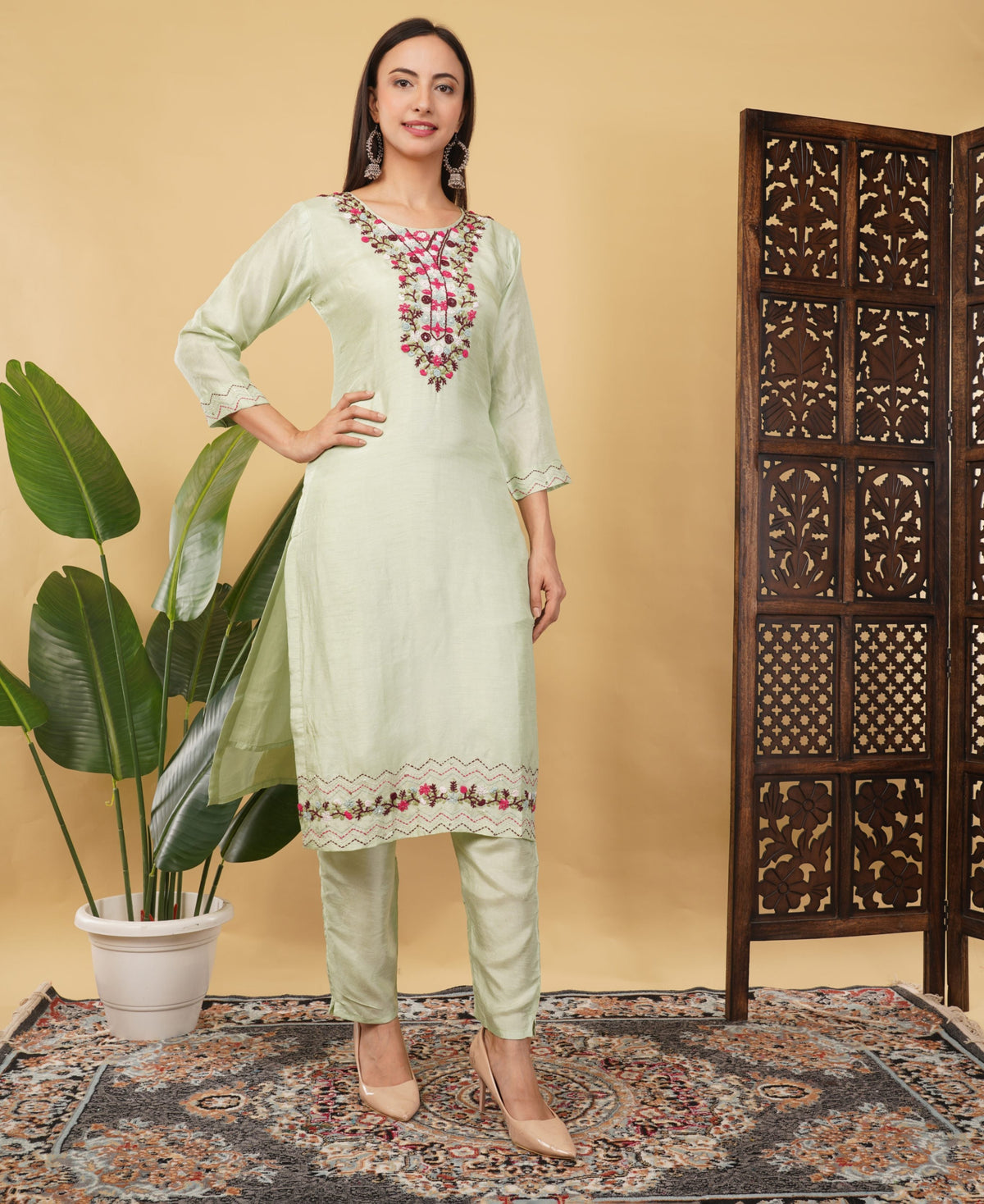 Pista Green Designer Embroidered Ethnic Kurta Set with Pant & Dupatta
