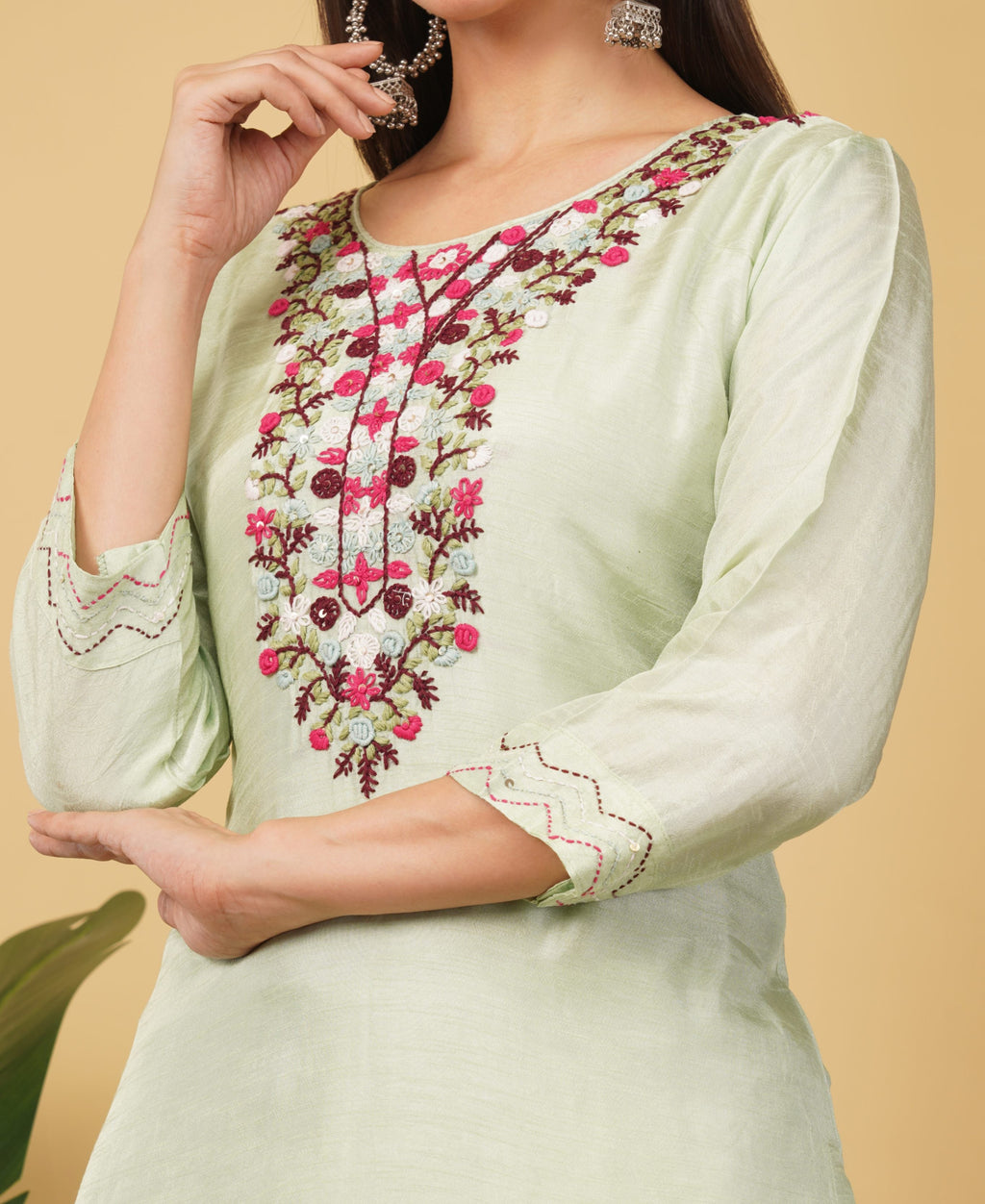 Pista Green Designer Embroidered Ethnic Kurta Set with Pant & Dupatta
