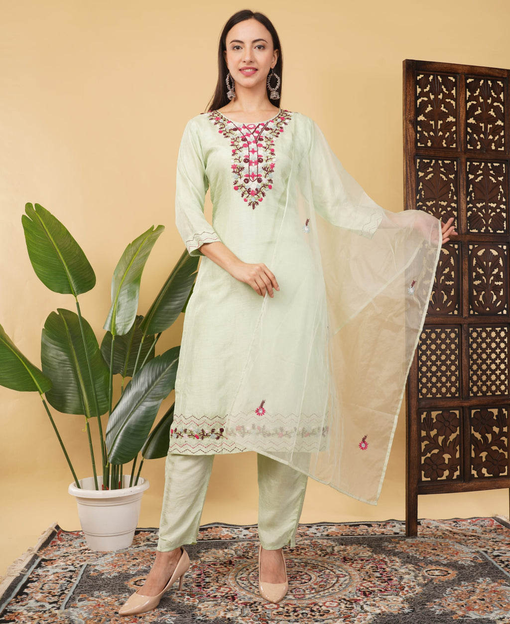 Pista Green Designer Embroidered Ethnic Kurta Set with Pant & Dupatta