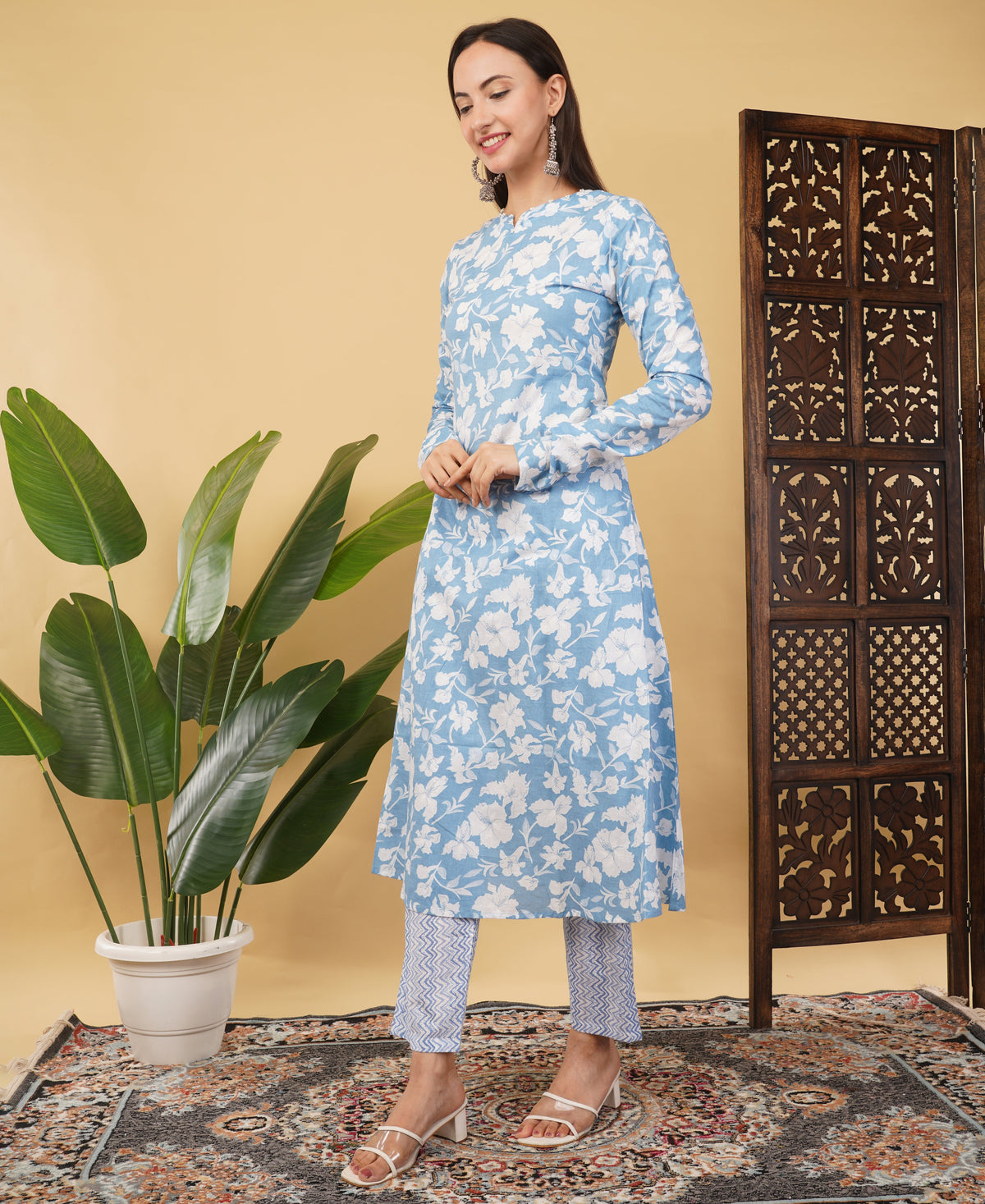 Prisachi Cotton A-line Kurti with pockets, comfy pant, and dupatta for Women