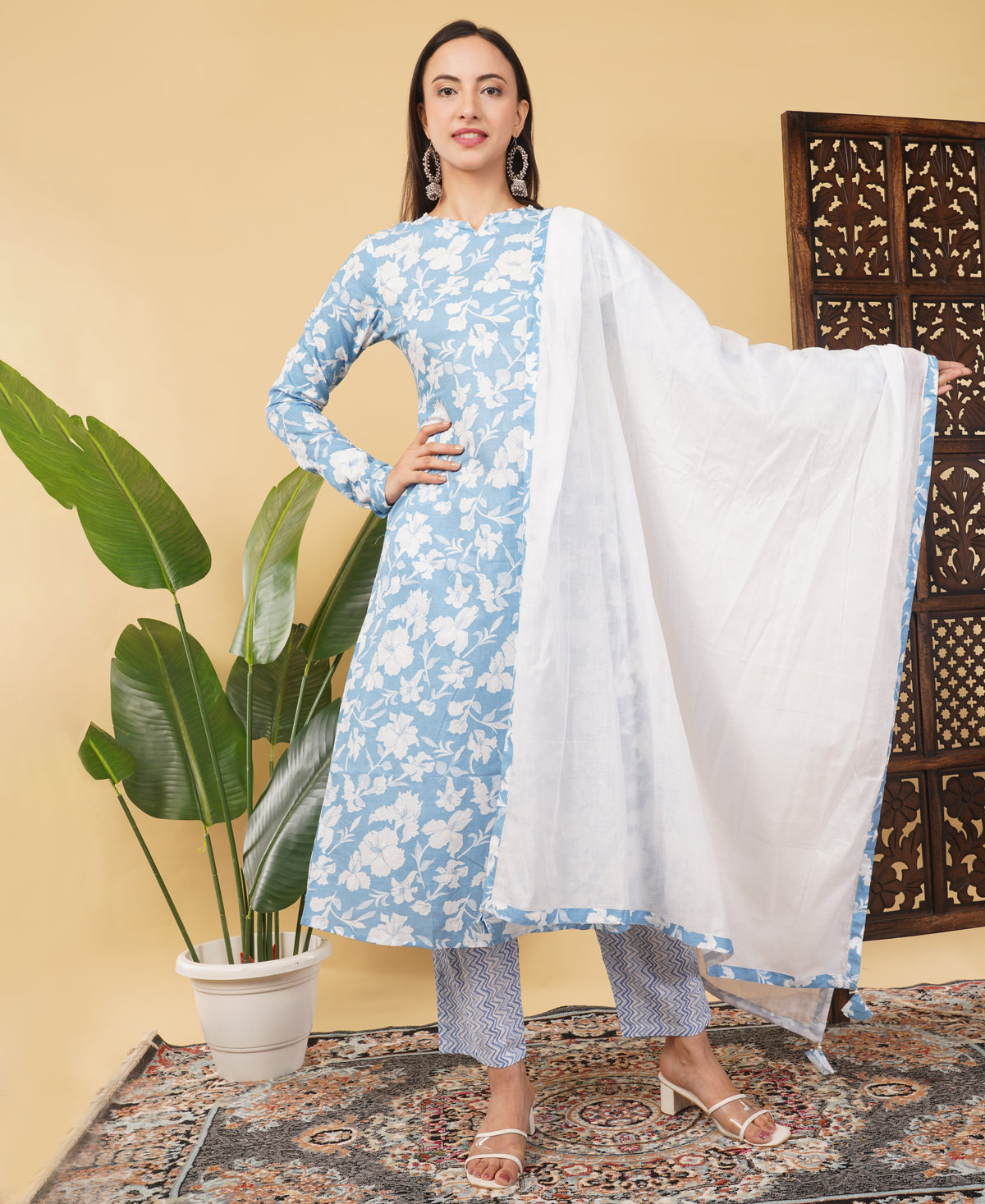 Prisachi Cotton A-line Kurti with pockets, comfy pant, and dupatta for Women