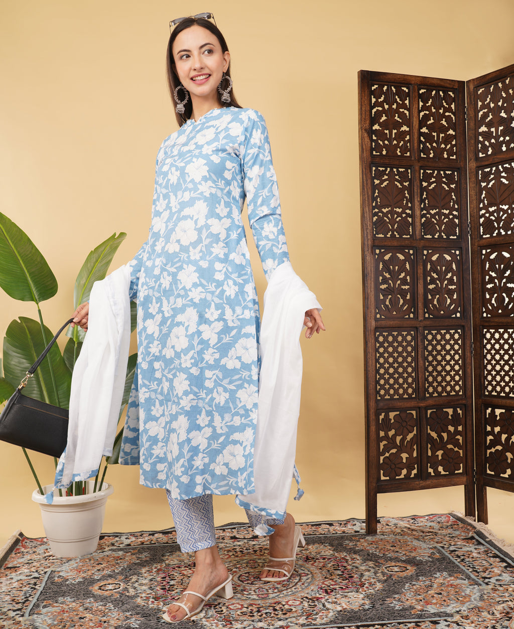 Prisachi Cotton A-line Kurti with pockets, comfy pant, and dupatta for Women