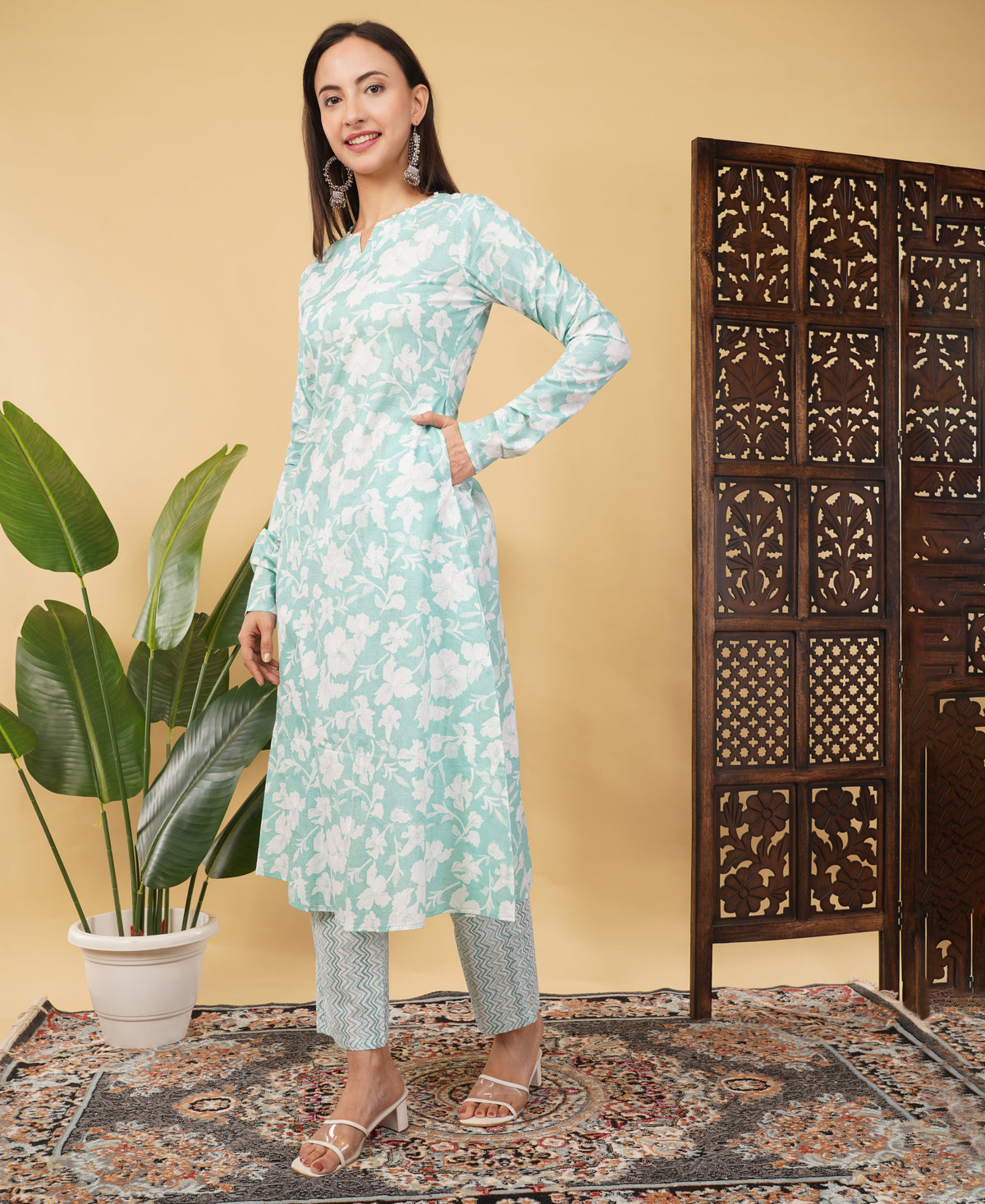 Prisachi Cotton A-line Kurti with pockets, comfy pant, and dupatta for Women