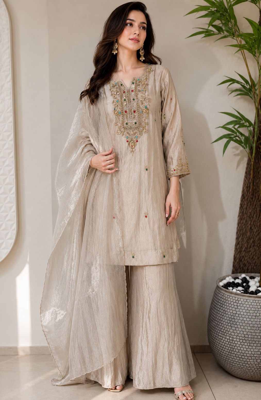 Light Grey Zardozi Embroidered Ethnic Kurta Set for Women with Pants & Dupatta