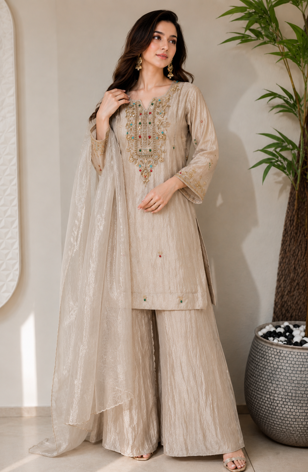 Light Grey Zardozi Embroidered Ethnic Kurta Set for Women with Pants & Dupatta