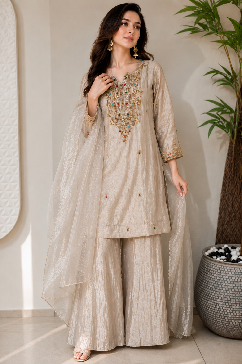 Light Grey Zardozi Embroidered Ethnic Kurta Set for Women with Pants & Dupatta