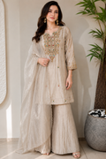 Light Grey Zardozi Embroidered Ethnic Kurta Set for Women with Pants & Dupatta