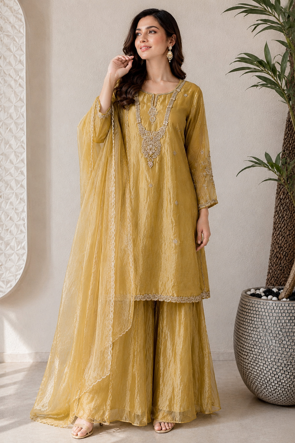 Yellow Zardozi Embroidered Ethnic Kurta Set for Women with Pants & Dupatta | Festive and Party Wear