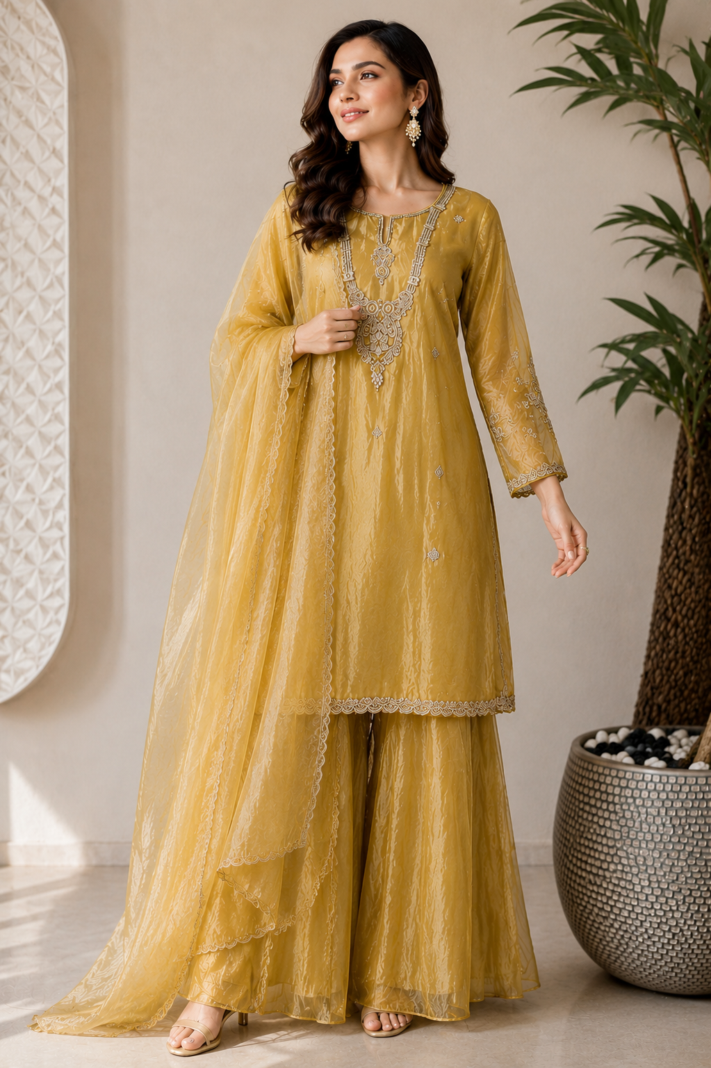 Yellow Zardozi Embroidered Ethnic Kurta Set for Women with Pants & Dupatta | Festive and Party Wear