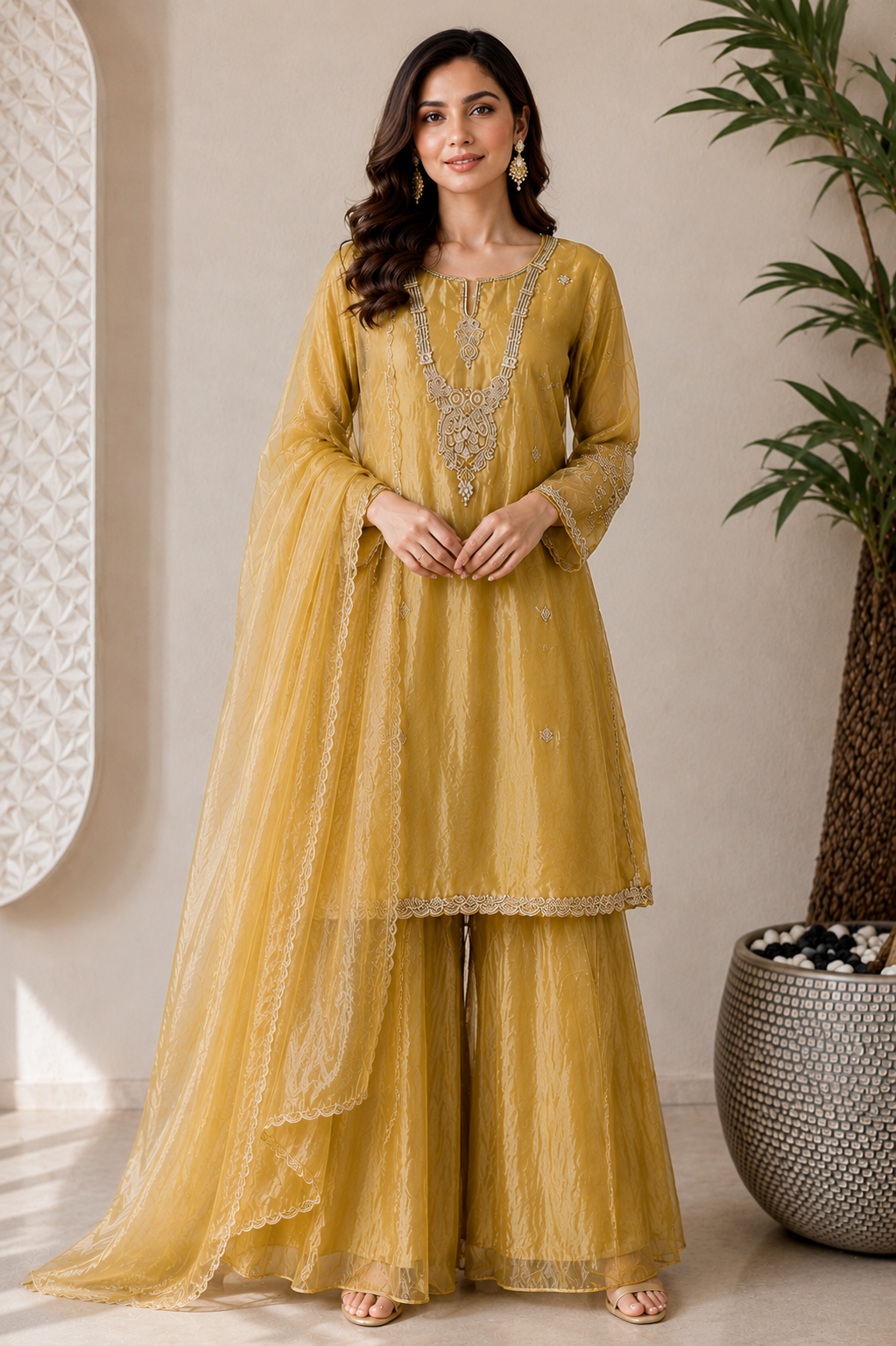 Yellow Zardozi Embroidered Ethnic Kurta Set for Women with Pants & Dupatta | Festive and Party Wear