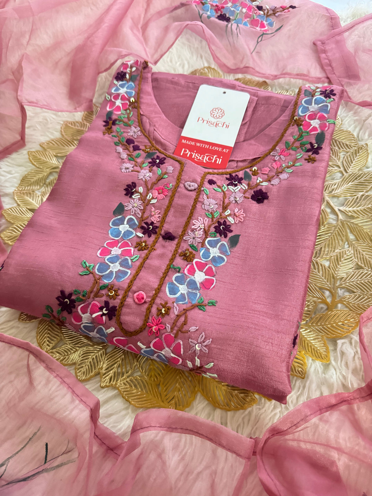 Pink Hand embroidered kurta set with dupatta