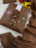 Brown hand embroidered A Line  kurta pant  with dupatta