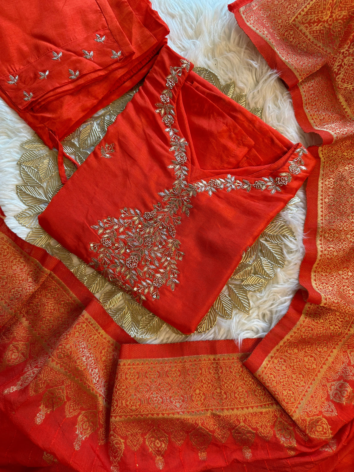 Orange  Designer Kurti set with Banarasi Duptta