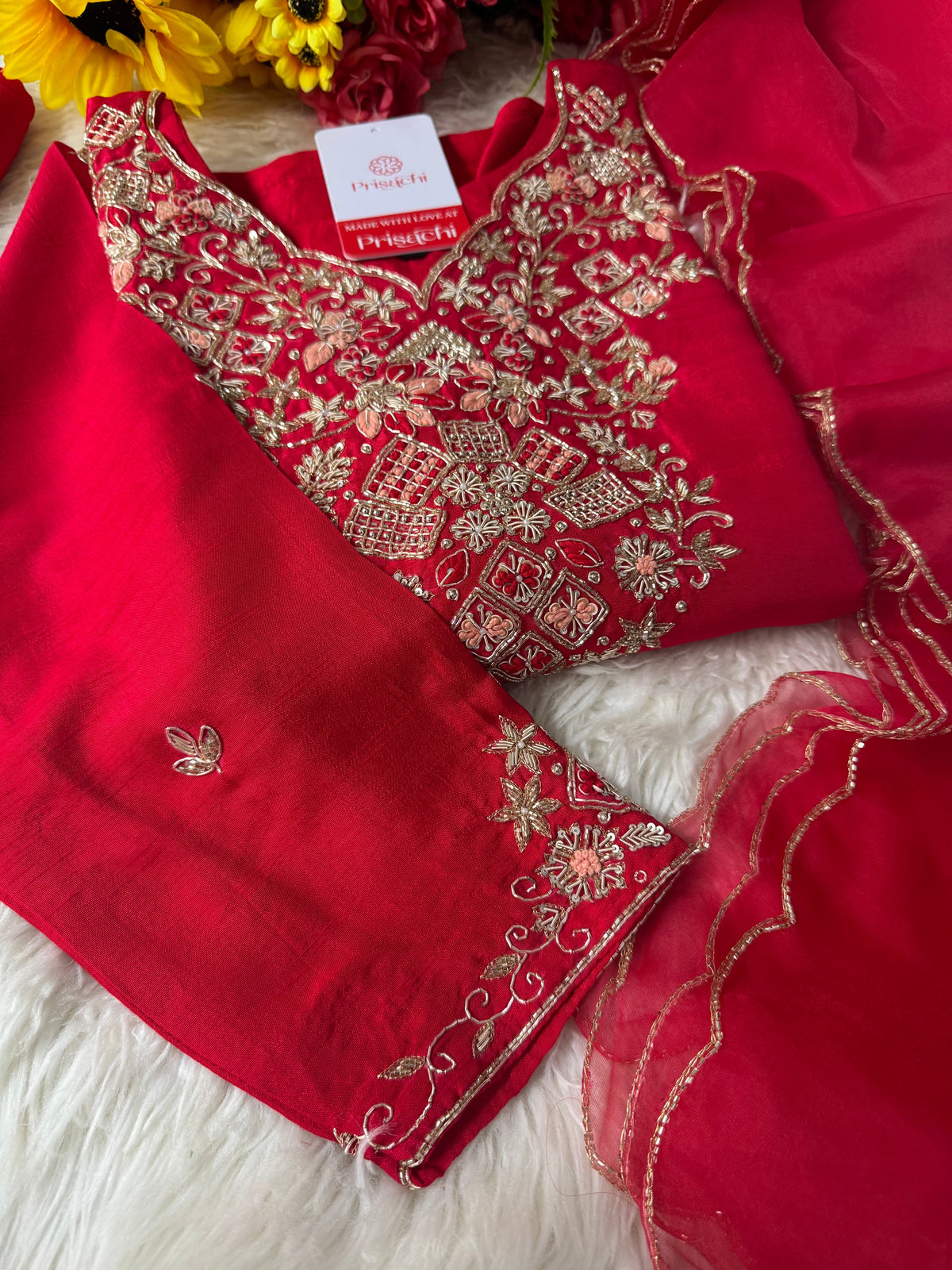 Red Embroidered kurta set with dupatta