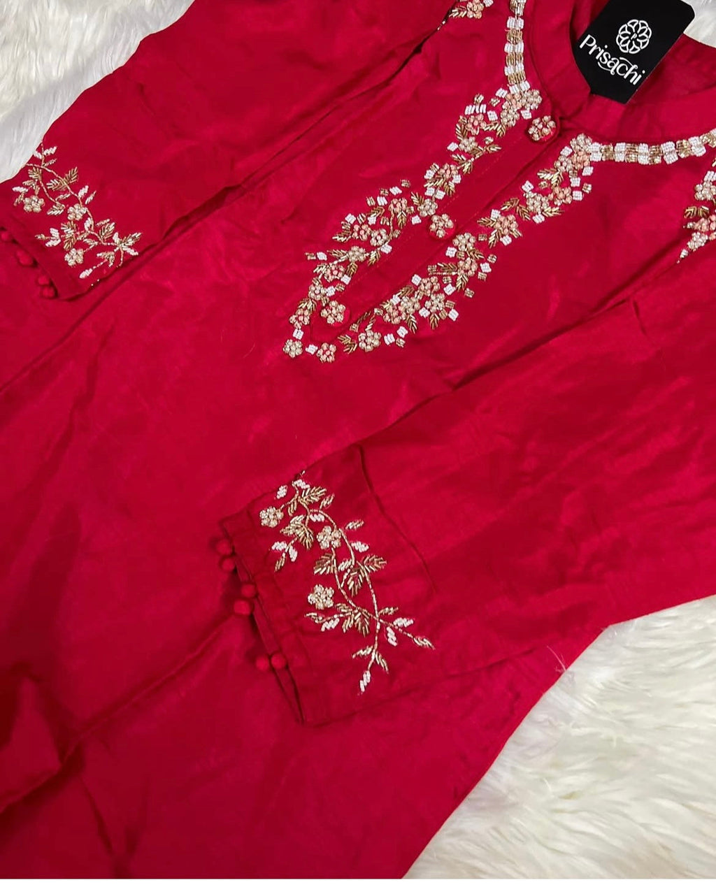 Red embroidered kurta set with dupatta