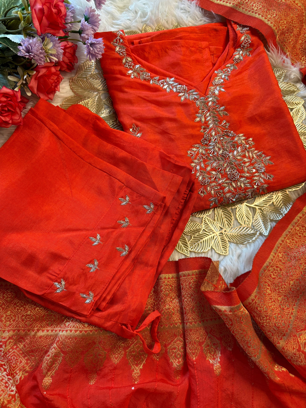 Orange  Designer Kurti set with Banarasi Duptta
