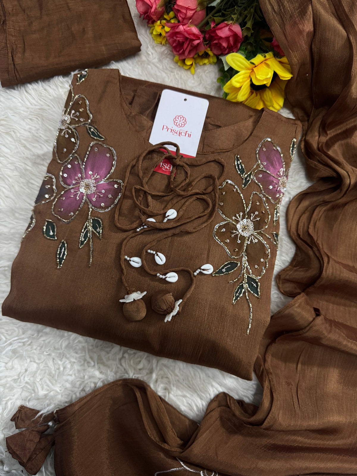 Brown hand embroidered A Line  kurta pant  with dupatta