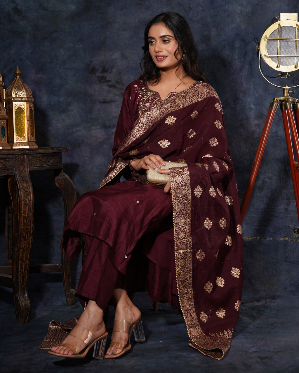 Brown hand embroidered kurta pant  with dupatta